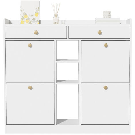 Mobile porta scarpe, armadio con 4 ante a ribalta, 2 cassetti e 3 ripiani aperti, stile moderno, adatto per ingresso e corridoio, semplice e pratico, 110 × 26 × 100 cm, bianco (1/5)