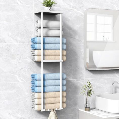 Portatoallas de pared de 3 niveles – Organizador vertical para toallas enrolladas con estante, capacidad para hasta 6 toallas de baño grandes, blanco (1/5)