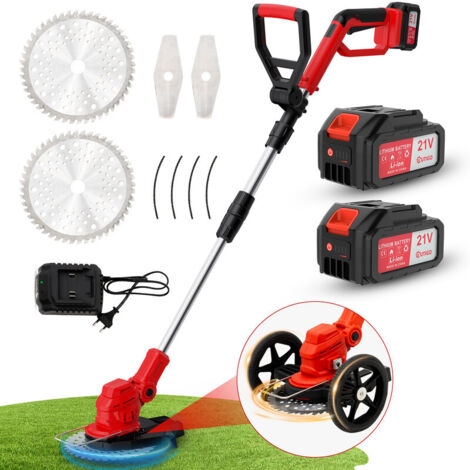 OUTIGO Rasaerba elettrico a batteria, Decespugliatore con 2 batterie da 21 V 4,0 Ah, manico telescopico regolabile, tosaerba a 3 lame, decespugliatore a batteria per giardinaggio
