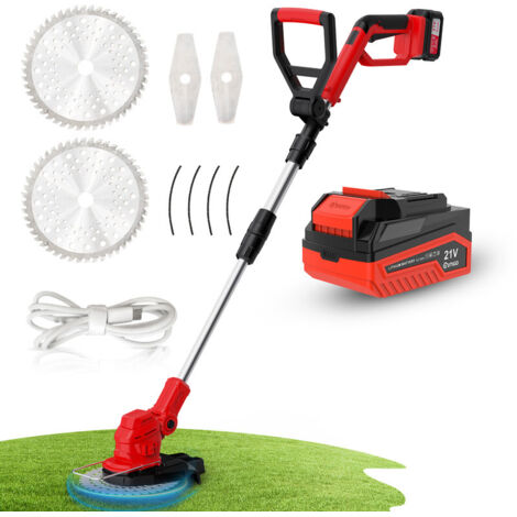 OUTIGO Rasaerba elettrico a batteria, Decespugliatore con 1 batterie da 21 V 4,0 Ah, manico telescopico regolabile, tosaerba a 3 lame, decespugliatore a batteria per giardinaggio