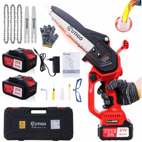 OUTIGO Motosierra, motosierra sin escobillas de 21 V, motosierra de 8 pulgadas, motosierra de 8000 mAh, mini motosierra a batería, 3 cadenas, 2 guías de cadena.