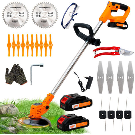 Cortacésped de batería inalámbrico, on 4 tipos de accesorios de corte, 2 baterías de 21V, plegable y regulable, perfecto para jardín y terraza.