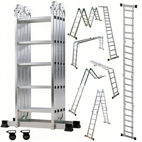 Escalera de Aluminio Multifuncional 4 x 5 Peldaños  Altura Máxima 5,72 m, 7 Posiciones, Carga 150 kg  Incluye Ruedas de Transporte y Bases de Goma Antideslizantes