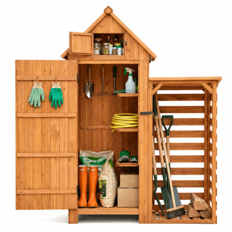 HOMAVO Caseta de Jardín Exterior con Leñero, Techo A Un Agua Protector UV, 131 × 54.3 × 179 cm, Cobertizo Jardín Exterior para Jardín, Terraza