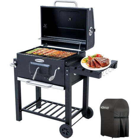 HOMAVO Barbacoa de Carbón, Parrilla de Acero de 56×42,5 cm, Bandeja de Carbón Ajustable en Altura, Mesa Lateral Plegable, Termómetro