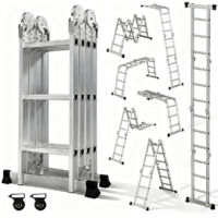 Escalera multiusos 4x3, escalera multifunción 7 en 1, escalera multiusos de aluminio de 350 cm, escalera plegable con 2 ruedas, escalera doméstica con carga máxima de 150 kg, escalera multifunción de