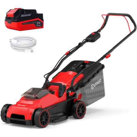 OUTIGO Akku-Rasenmäher 21 V, 33 cm Schnittbreite, bis 250 m², 32L Fangkorb, 25-65 mm Schnitthöhe, Mulchfunktion, inkl. 5,0 Ah Akku