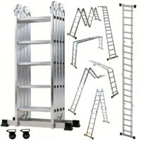 OUTIGO Mehrzweckleiter 4x5, 7-in-1, 572 cm, klappbar, aus Aluminium, mit 2 Rädern, für den Hausgebrauch, maximale Tragfähigkeit 150 kg, 20 Stufen.