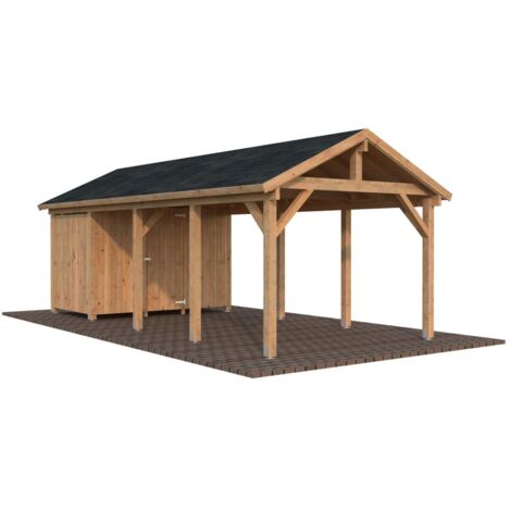 Garage en bois Robert 23,1 m2 avec abri extension Traité Marron (1/3)