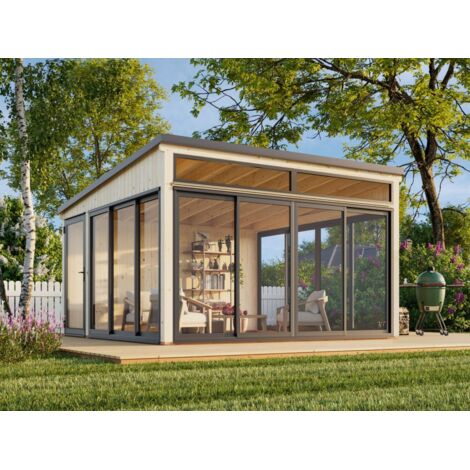 Abri de jardin en bois épicéa 16,6 m² – Portes coulissantes aluminium – Toiture plate avec voliges bois – Espace lumineux et contemporain – Palmako (1/5)