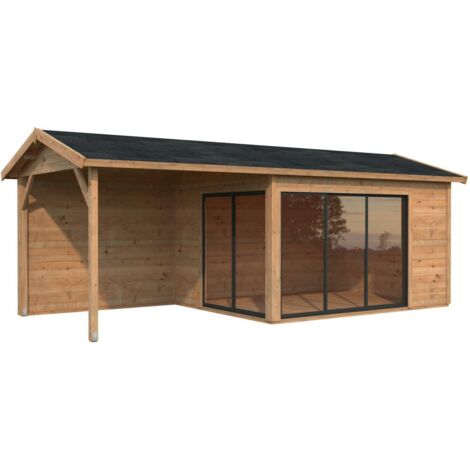 Abri de jardin en bois Amanda 19,0 m² – Structure en épicéa nordique 44 mm – Portes coulissantes aluminium double vitrage – Espace lumineux – Palmako (1/5)