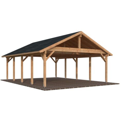 Carport en bois traité marron 40,6 m² – Poteaux lamellé-collé 120x120mm – Hauteur 363cm – Pour 2 voitures – Toiture double pente 53,2 m² – Palmako (1/3)