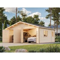Garage en bois 28,4 m² – Structure en madriers 44 mm – 2 portes doubles en bois – Accès facile et sécurisé – Palmako