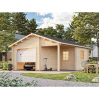 Garage en bois 21,9m² avec auvent 5,2m² – Double porte en bois – Structure en madriers 44mm – Fabrication européenne – Palmako
