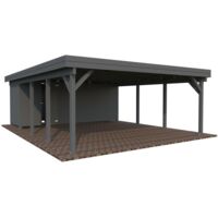 Carport en bois 40,6 m² pour 2 voitures – Abri latéral fermé 10,7 m² – Hauteur passage 2,21 m – Toiture plate en voliges bois massif – Palmako