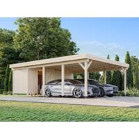 Carport en bois 40,6 m² pour 2 voitures – Abri latéral fermé 10,7 m² – Hauteur passage 2,21 m – Toiture plate moderne – Palmako