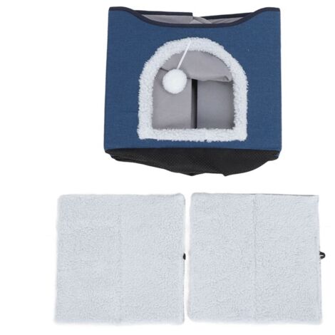 Maison pliable pour chat, 2 couches, lit de grotte multifonctionnel pour chaton, grattoir doux pour l'intérieur, bleu marine (1/5)