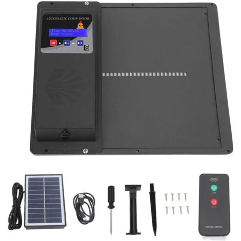Ouvre-porte automatique de poulailler, programmable par USB, à énergie solaire, avec capteur de lumière, minuterie, télécommande pour maison et ferme, noir