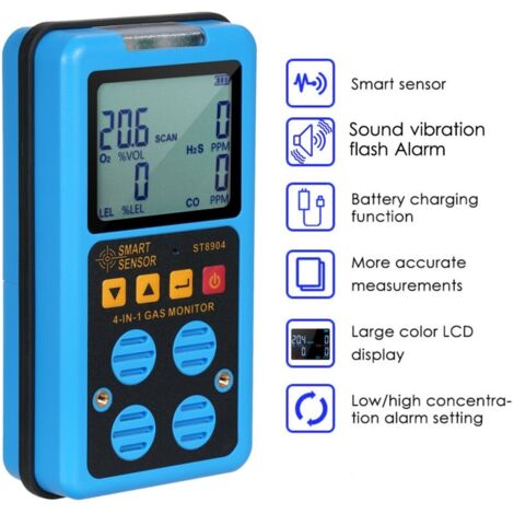 SMART SENSOR Moniteur de gaz 4 en 1 Détecteur portable rechargeable H₂S O₂ CO et LEL Renifleur multi-professionnel avec écran LCD Mode d'alarme Flash de vibration sonore
