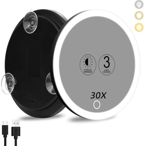 Miroir grossissant 30x avec lumière LED – Diamètre 10 cm – 3 couleurs d'éclairage – Fixation par ventouses – Pour maquillage précis (1/5)