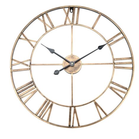 Grande horloge murale ronde en fer classique en métal avec chiffres romains pour décoration d'intérieur (doré 60 cm de diamètre)