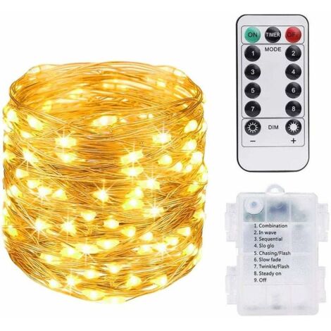 Guirlande Lumineuse 10M 100LED,Fil Cuivre Guirlande Lumineuse à Piles avec Télécommande pour Carnaval Fête Anniversaire Party Mariage Jardin IP65 - Blanc Chaud [Classe énergétique A++]