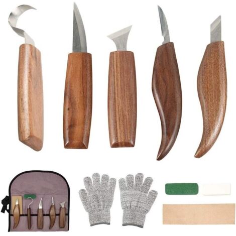 10Pcs Outils Sculpture sur Bois en Acier Carbone Ensemble d'outils de Sculpture sur Bois avec Couteau à Crochet Couteau à Découper Professionnels Outils de Gravure en Bois pour Travail du Bois (1/5)