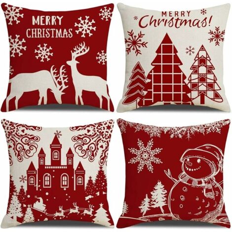 Housse de Coussin Noel 45x45cm, Lot de 4 Noël Décoratif Canapé en Coton et Lin Noël pour Canapé Lit Chambre Chaise Jardin-Décoration Noël Rouge