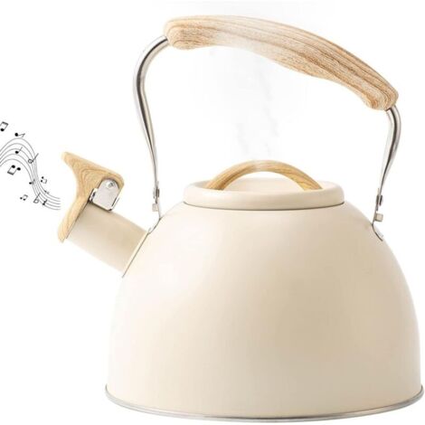Bouilloire à thé sifflante en acier inoxydable 3L – Poignée isolée en bois – Compatible induction, gaz, vitrocéramique – Beige (1/5)