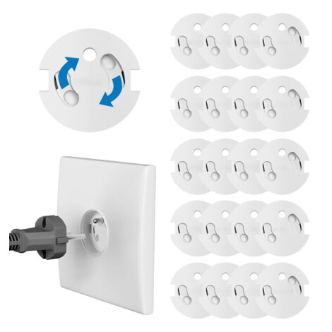 Coavas – Lot de 20 caches prises bébé – Protection électrique adhésive 3M – Mécanisme tournant pour sécurité enfant – Compatible prises type E - 20Pcs