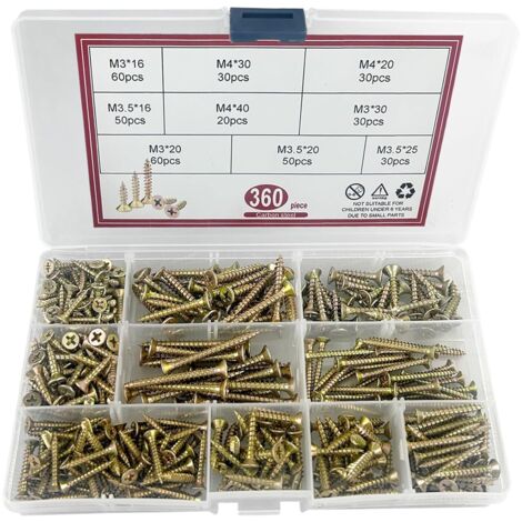 Coavas – Pack de 360 vis à bois autotaraudeuses – Acier galvanisé jaune – Empreinte cruciforme Pozidriv – Pour matériaux variés – Tailles M3/M3.5/M4