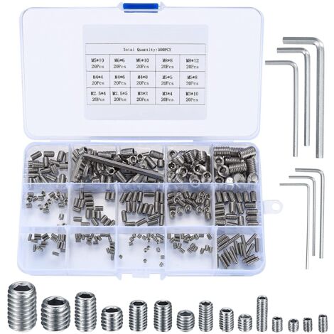 Coavas – Kit de 300 vis sans tête hexagonales M2.5/M3/M4/M5/M6/M8 – Acier allié résistant à la corrosion – Avec 5 clés Allen – Pour poignées de porte