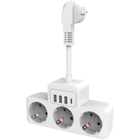 Multiprise 3 prises, rallonges de prises 3 prises avec 3 ports USB et 1 port USB-C, adaptateur de prise multiprise, multiprise 3 prises pour bureau et maison - 16 A/4 000 W (1/5)