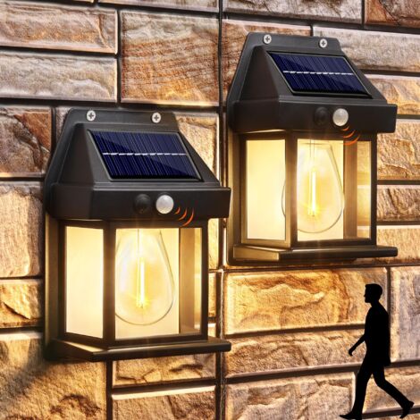 Lampe solaire extérieure en plastique ABS – 2 packs lampadaire rétro avec détecteur de mouvement – 3 modes étanches IP65 – Blanc chaud