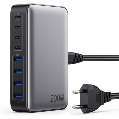 Chargeur USB-C 200 W, chargeur rapide multiple 8 ports, adaptateur PPS PD 65 W, station de charge rapide avec alimentation USB-A, chargeur pour MacBook, iPhone, SteamDeck, smartphones (A-Noir) (1/5)