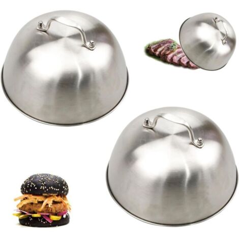 Lot de 2 cloches à hamburger en acier inoxydable – Poignée anti-brûlure – Pour cuisson steak, bacon, cheeseburgers – Passe au lave-vaisselle