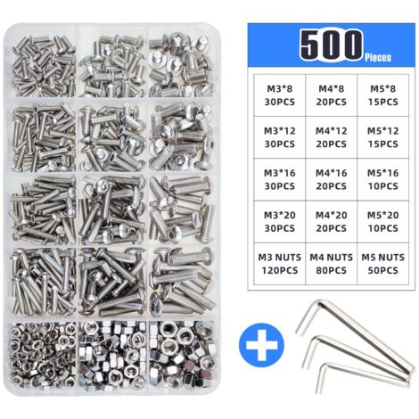 Lot de 500 vis en acier inoxydable M3 M4 M5 – Tête ronde et hexagonale – Résistance à la corrosion – Pour assemblage mécanique (1/5)