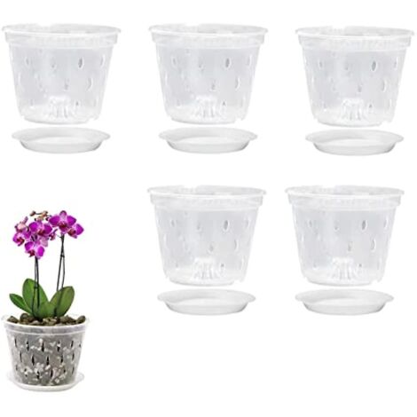 – Pots à orchidées transparents 5,5 pouces – Lot de 5 – Drainage optimal avec trous – Soucoupes incluses – En plastique ABS pour intérieur et extérieur (1/5)