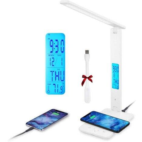 Lampe de bureau LED avec Charge sans fil, Lampe de table Réglable Contrôle tactile, Charge USB - 3 modes d'éclairage - Affichage LCD