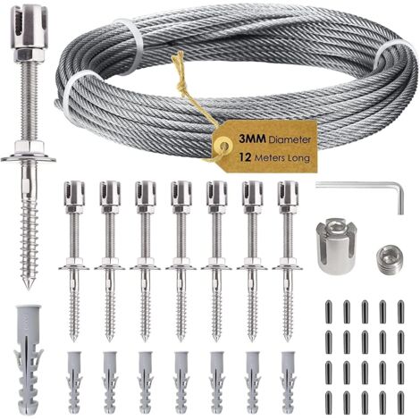 Crea – Treillis en acier inoxydable pour plantes grimpantes – Système professionnel avec supports muraux – Câble acier 3 mm, 12 m, 8 supports