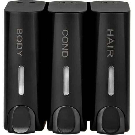 Crea – Pack de 3 distributeurs de savon muraux – Plastique ABS noir mat – Capacité 350 ml – Installation facile sans perçage