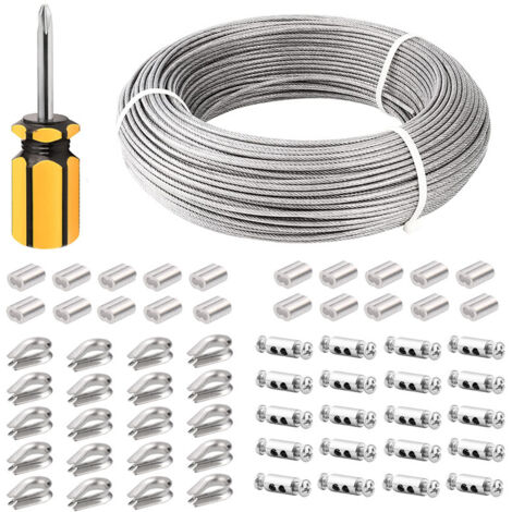 Crea – Câble en acier inoxydable 3mm – Longueur 100m – Revêtement PVC pour résistance aux intempéries – Accessoires inclus : manchons et cosses