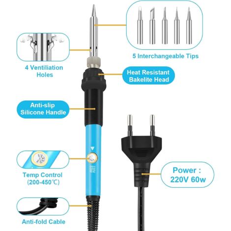 Fer à Souder Électrique 60W TyneGaly – Température Réglable 200-450°C Avec 5 Pointes + Support