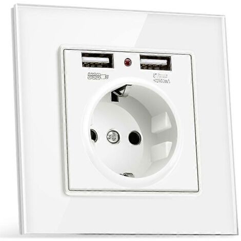 Prise de courant européenne 230 V 16 A + 2 chargeurs USB 5 V 2,1 A, panneau en verre, prise française blanche (1/5)
