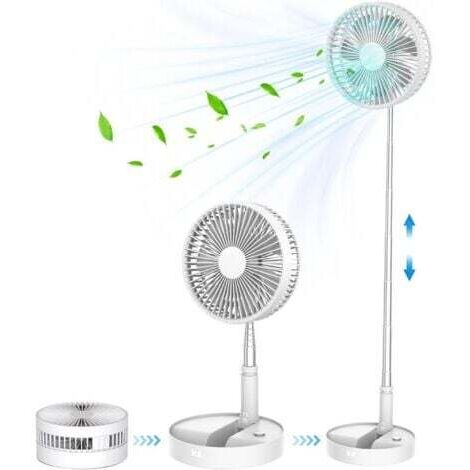 Ventilateur sur Pied Portable Silencieux, 9'' Pliable Sol/Table Basse Consommation Ventilateurs 4 Modes/Timer, 7200mAh USB Rechargeable Piédestal Fan pour Chambre Bureau 9"- Blanc (1/5)