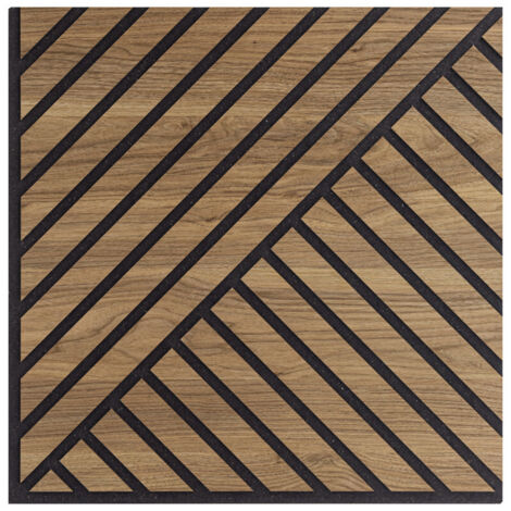 Set di Tre Pannelli Decorativi Murali, Fonoassorbenti a Listelli Obliqui Doppio in Legno, Noce Asia, 55x55 p1,1 cm - Hoogapanel