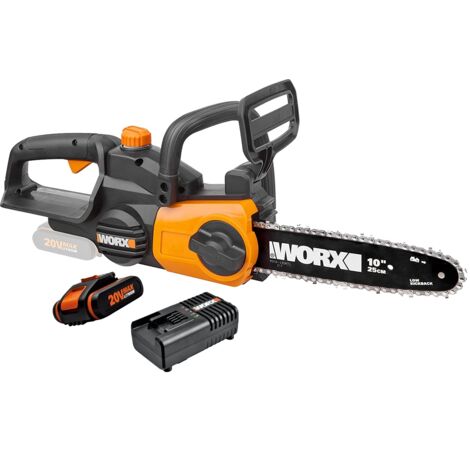 WORX Motosega a batteria WG322E.1, 18 V (20 V max), 2,0 Ah, PowerShare, lunghezza di taglio 25 cm e tensione automatica della catena, copertura per il trasporto, caricatore rapido 1 ora