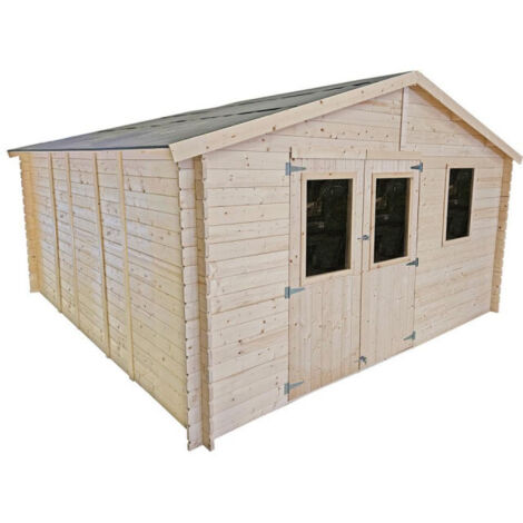 Casetta in legno da giardino 396x494 cm – Pareti 25 mm – Porta doppia finestrata – Tetto OSB – Abete naturale (1/3)