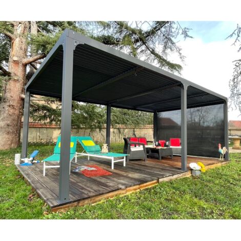Pergola bioclimatica Foresta gazebo in alluminio, apertura manuale, 360x600 con tenda su lato 360