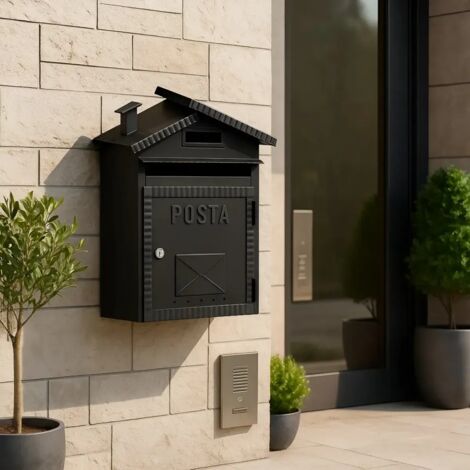 Cassetta Postale In Ferro Battuto A Forma Di Casetta – Nera, Con Tetto Parapioggia, Per Esterno, 22x11x32 Cm